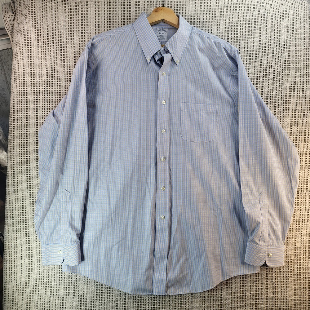 Brooks Brothers Shirt Mens‎ 16.5 35 Blue Yellow Check Regent Non-Iron Supima